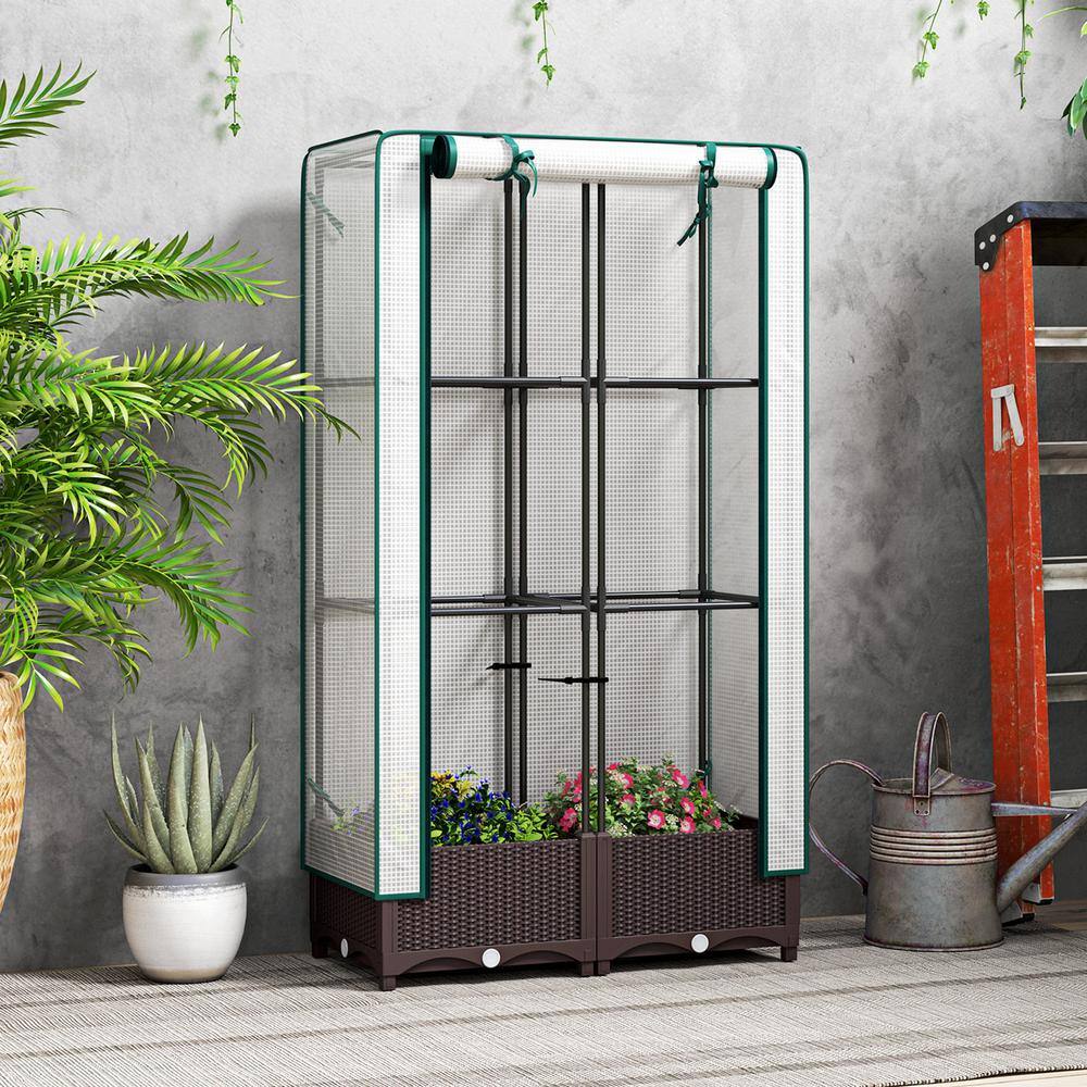 Brown Plastic Raised Garden Bed with Trellis and PE Greenhouse Cover