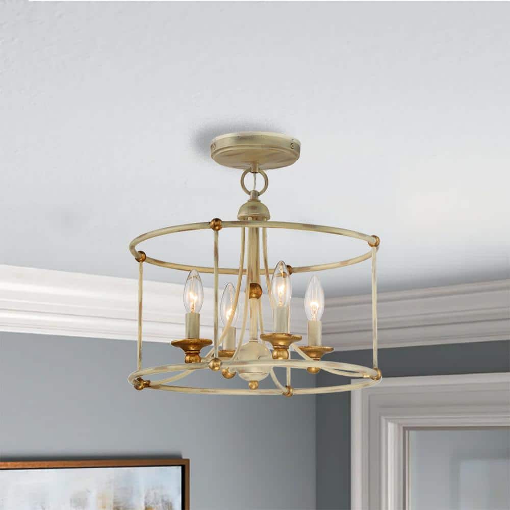Farmhouse White and Gold 4-Light Glass Drum Ceiling Fixture