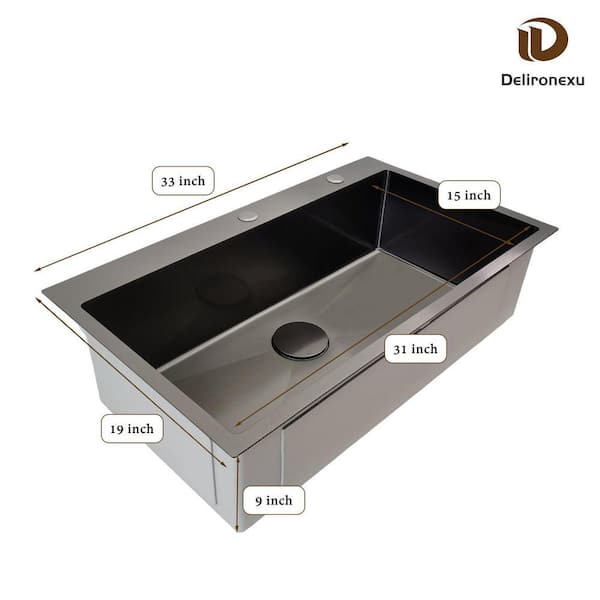 Delironexu 33 Inch Drop In Black Kitchen Sink-33x19 Top Mount, 16