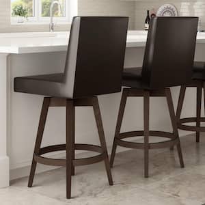 Dustin 27 in. Dark Brown Faux Leather / Brown Wood Swivel Counter Stool