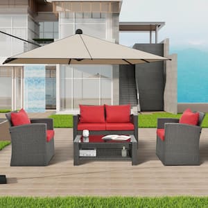 4-Piece PE Rattan Wicker Outdoor Patio Furniture Set, Sectional Sofa Set, Tempered Glass Table Top, with Red Cushions