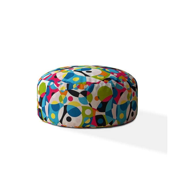HomeRoots Charlie White Blue And Green Cotton Round Pouf Cover Only