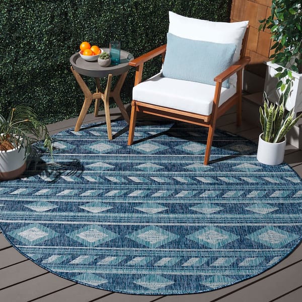Courtyard Navy/Aqua 7 ft. x 7 ft. Striped Diamond Geometric Indoor/Outdoor Round Area Rug