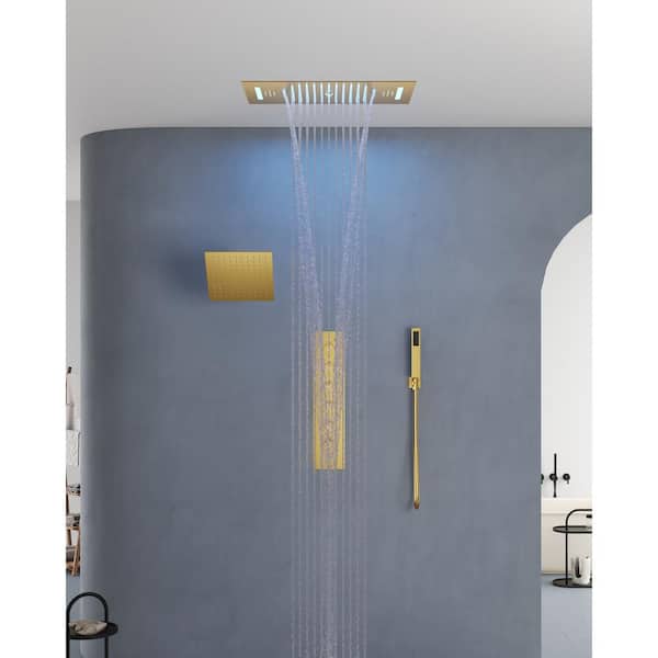 31-Spray LED 23L X 15W in. and 8 in. Dual Ceiling Mount Fixed Shower Head with handheld with Music Brush Gold 2.5 GPM