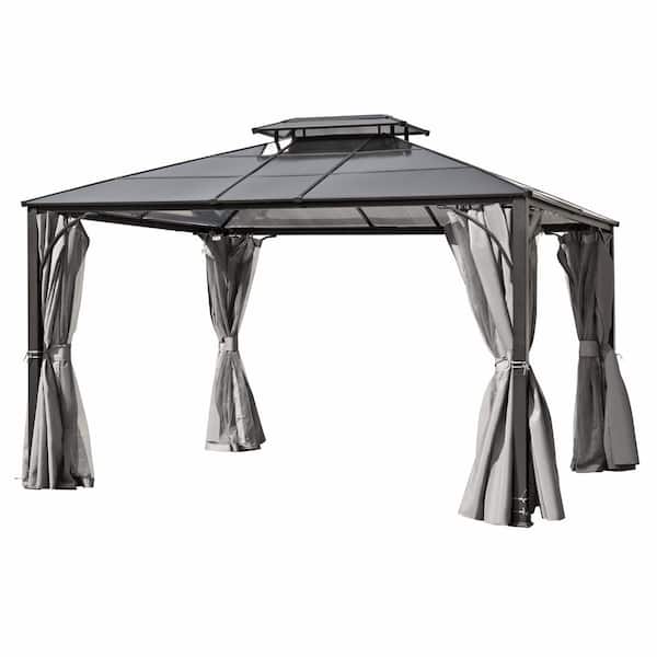 10 ft. x 12 ft. Gray Aluminium Hardtop Patio Gazebo with Double-Layer Side Walls Mosquito Netting and Privacy Curtains