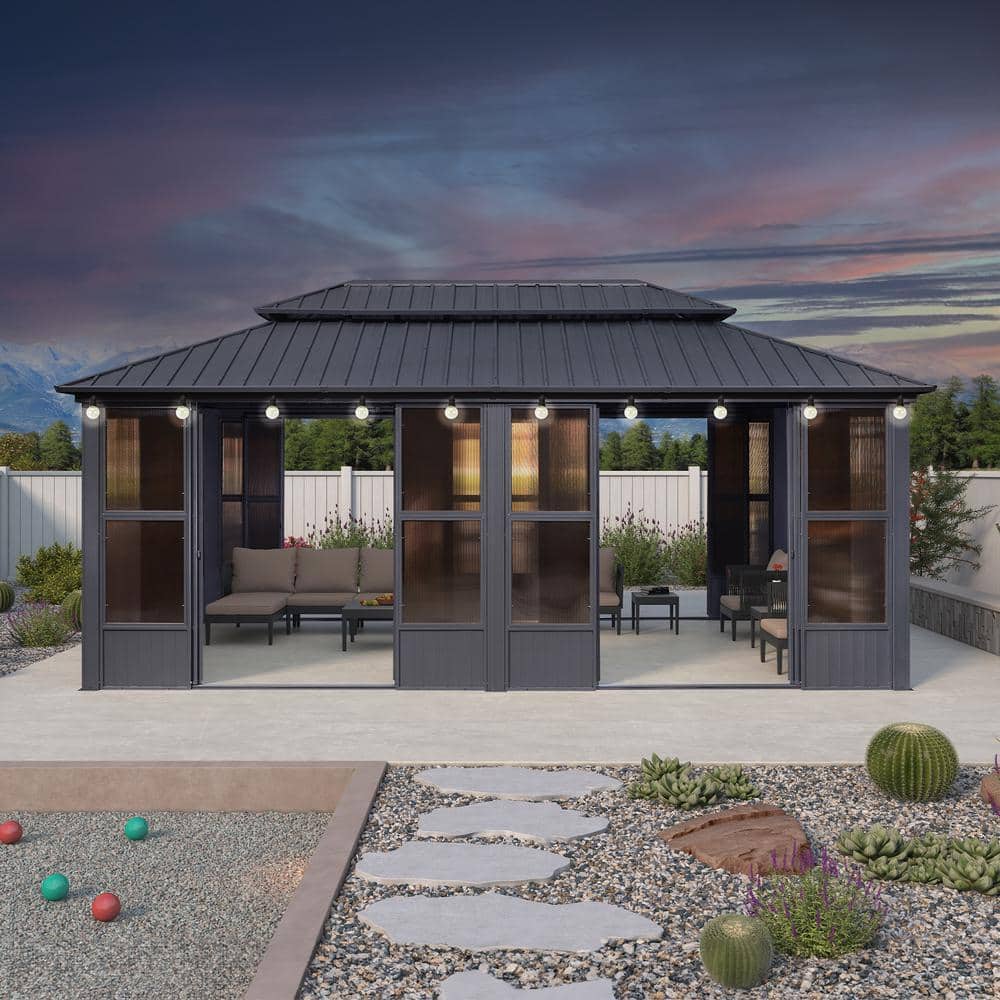 PURPLE LEAF 12ft.x 20ft. Patio Hardtop Gazebo Double Top Screen House