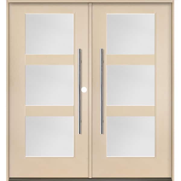 Modern Faux Pivot 72 in. x 79 in. Left-Active/Inswing 3-Lite Satin Glass Unfinished Double Fiberglass Prehung Front Door