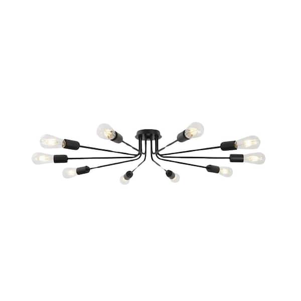 44.48 in. 10-Light Black Sputnik Chandelier Black Ceiling Light Semi- Flush Mount Light Ceiling Lamp