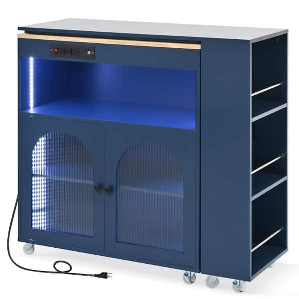 Unbranded Navy Blue Wood 33.2 in. Kitchen Island on Wheels with LED Lights, Power Outlets and 2 Fluted Glass Doors