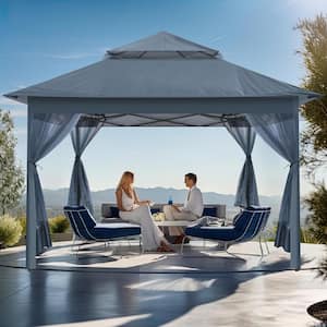 13 ft. x 13 ft. Grey Outdoor Pop Up Double Roof Tops Gazebo with Mosquito Netting for Patio, Group Gatherings