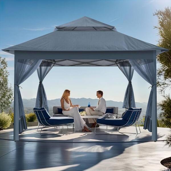 Yangming 13 ft. x 13 ft. Grey Outdoor Pop Up Double Roof Tops Gazebo with Mosquito Netting for Patio, Group Gatherings