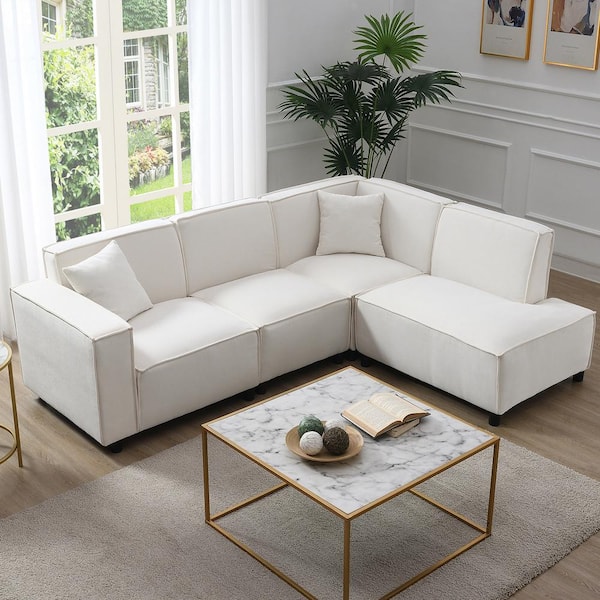 sumyeg 97 in. Modern L-Shaped Chenille Sectional Sofa in. Beige with with 2 Pillows