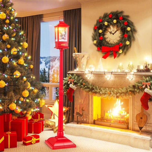 61 in. Red Christmas Street Lamp with Detachable Snow Globe Lantern Street Light Inside