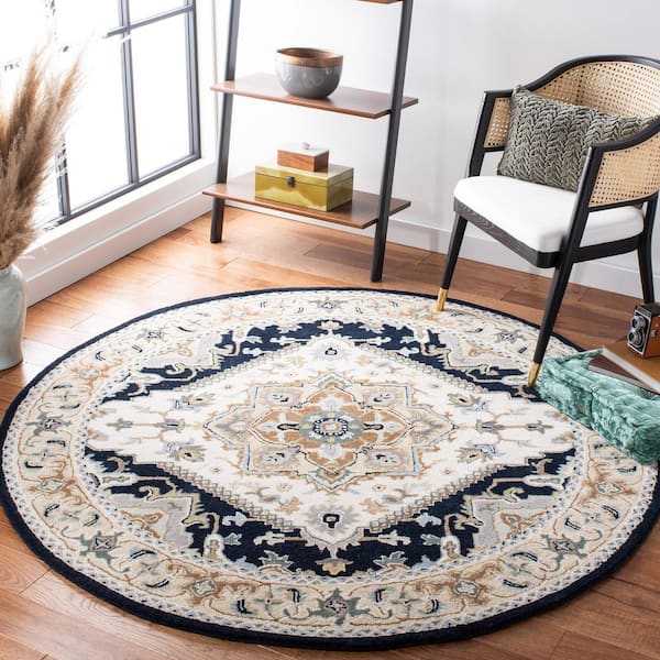 Heritage 6 ft. x 9 ft. Oval Beige/Navy Border Floral Medallion Area Rug