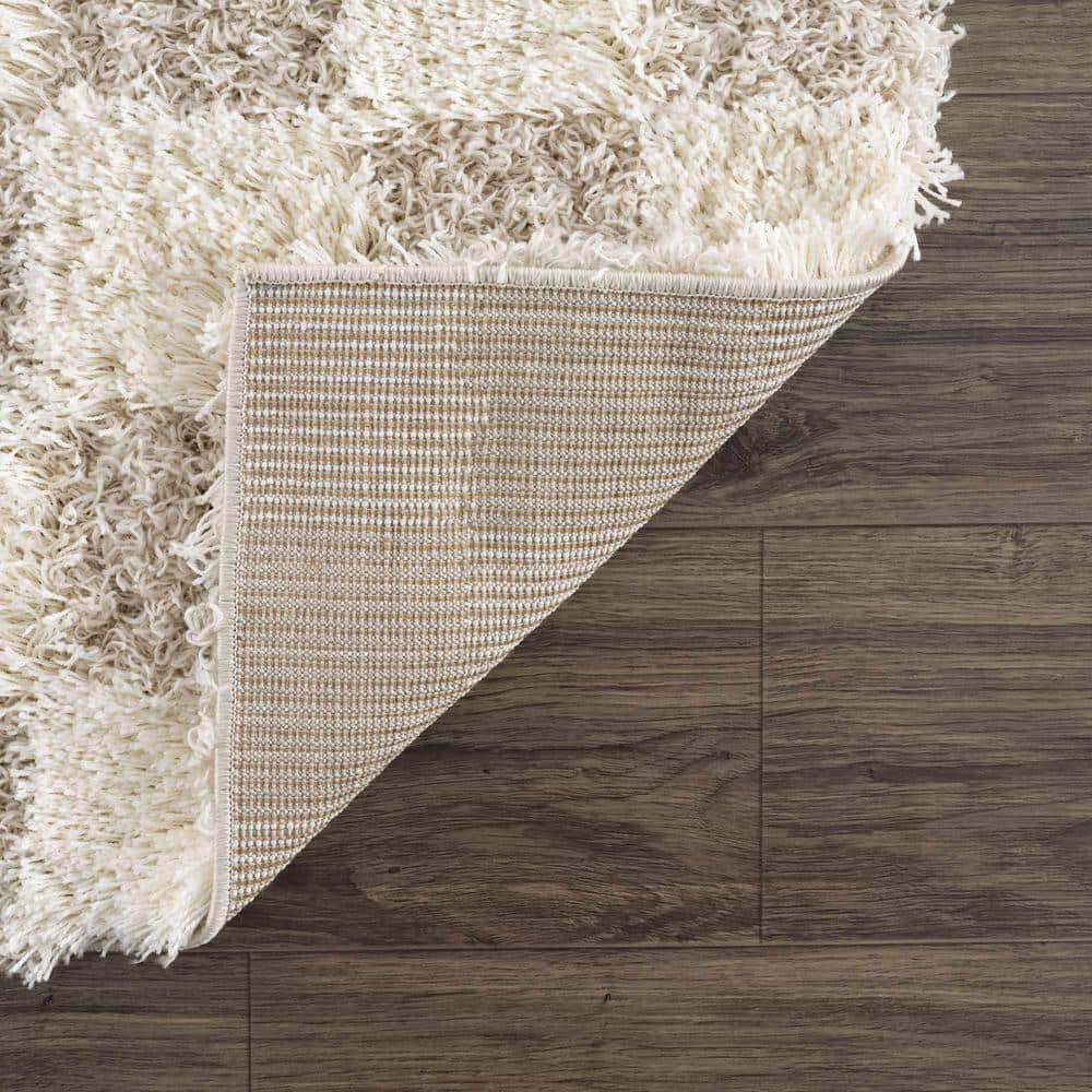 Hauteloom Etiler Checkered Shag Area Rug - Checkboard Design - High Pile Fluffy Shaggy Touch - Square Tiles - Kids Room, Nursery, Living Room Shaggy Carpet - Beige, Cream, White - 7'10" x 10'3"