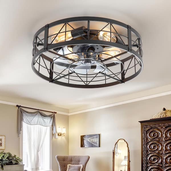20 in. Indoor Black Enclosed Flush Caged Ceiling Fan with Metal Light Kit and Remote Control Included