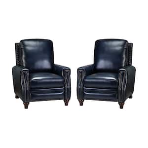 Theresa Comfy Navy Manual 3-Position Cigar Genuine Leather Recliner with Nailhead Trim and Solid Wooden Legs Set of 2