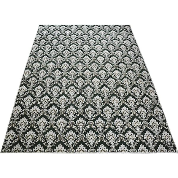 Green White Damask 5 ft. x 7 ft. Area Rug