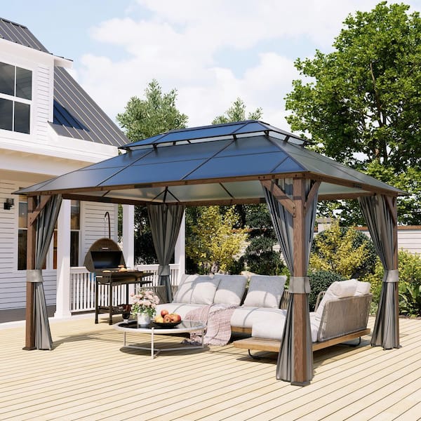Endark 10 ft. x 13 ft. Black Hardtop Gazebo with Polycarbonate Double Roof Pergola, Netting and Curtain