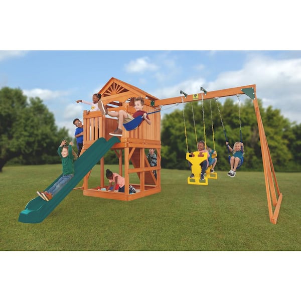 Creative Cedar Designs Timber Valley Wood Complete Swing Set with Wood Roof, Glider Swing, Blue Playset Accessories and Green Slide