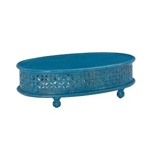 Elia Blue Solid Mango Wood Coffee Table with Hand Carved Lattice Pattern