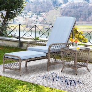 Wicker Outdoor Patio Chaise Lounge with Blue Cushion
