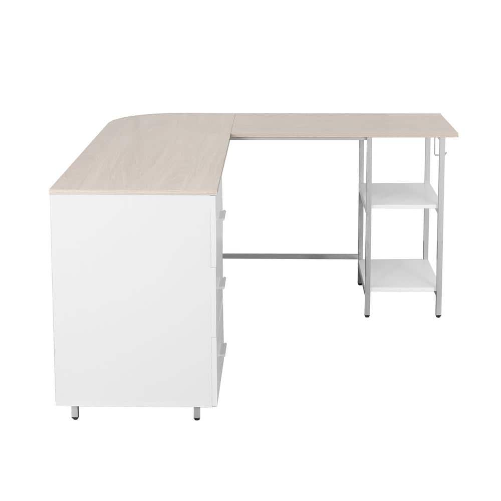 Sand Wood L-Shape Gaming Computer Desk with Drawer
