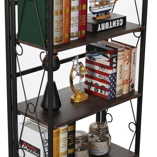 5-Shelf Bookcase, No-Assembly Folding-Bookshelf, Industrial Standing Racks Study Organizer with Metal Frame, Brown 2