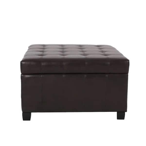 Brown Faux Leather Square Tufted Accent Medium Ottoman with Storage