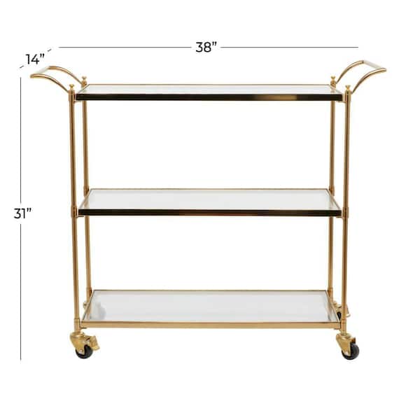 31 in. H Brass Rolling 3 Glass Shelf Bar Cart with Lockable Wheels