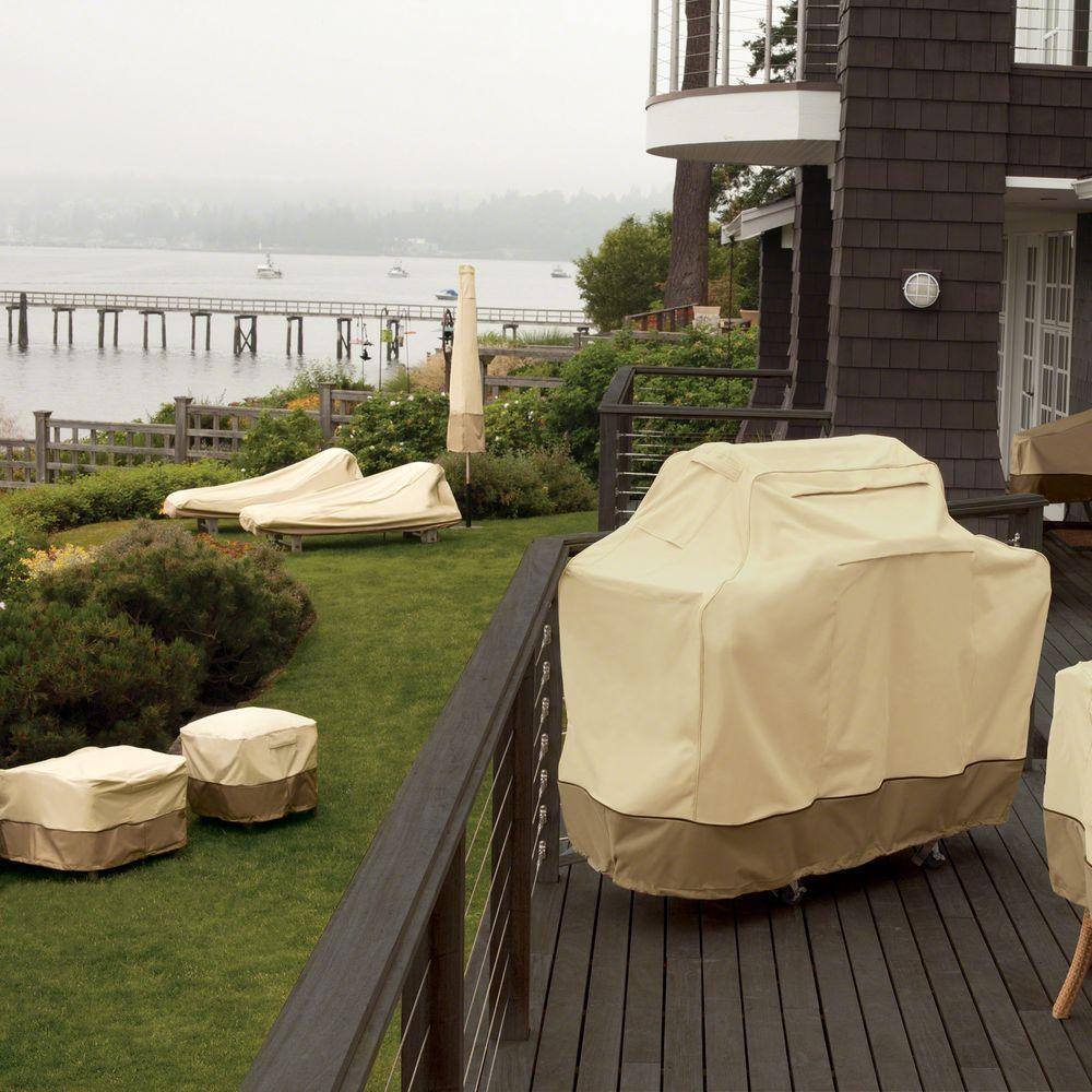Tan and Brown Polyester Patio Ottoman/Table Cover with Air Vents