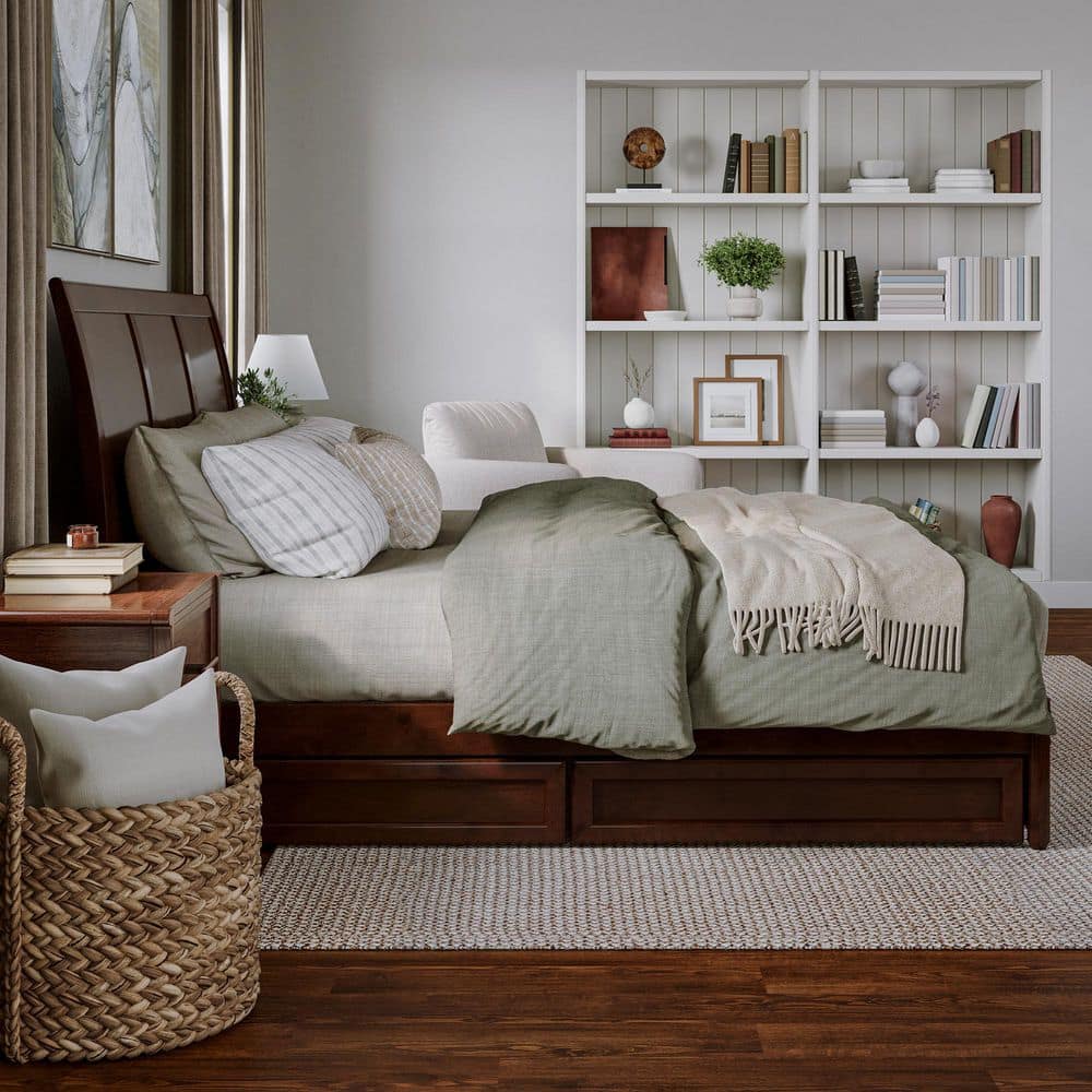 Walnut King Platform Bed with Storage Drawers and Wood Headboard