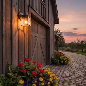 1-Light Textured Black Clear Flat Glass Traditional Outdoor Wall Lantern Light