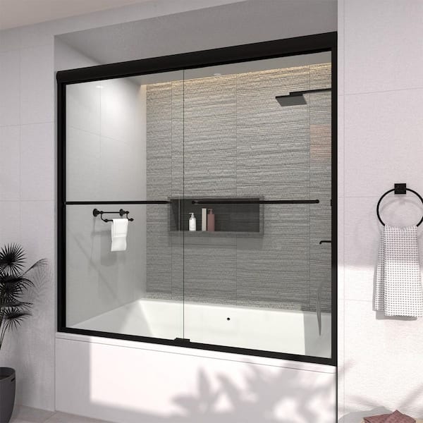 tydex Ripple 60 in. W x 56 in. H Sliding Semi Frameless Tub Door in Matte Black Finish with Clear Glass