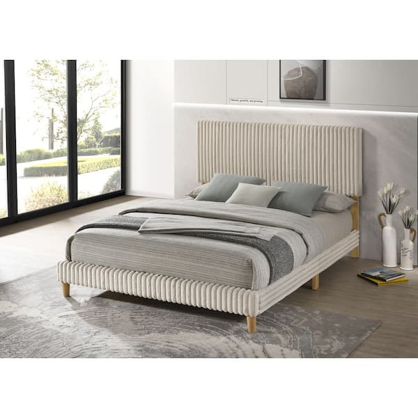 Rowe Cream/Beige Color Wood Frame Corduroy Fabric Queen Panel Bed With Natural Wood Color Legs