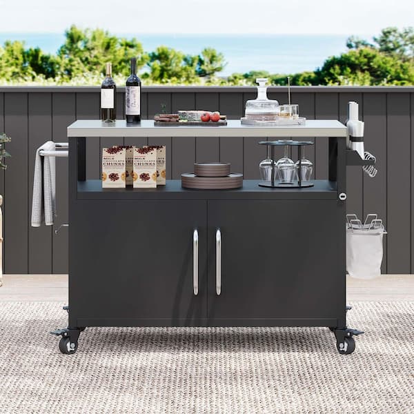 55 in Outdoor Kitchen Island, Serving Cart, Bar Cart with Stainless Steel Tabletop Storage Cabinet Lockable Wheels Black