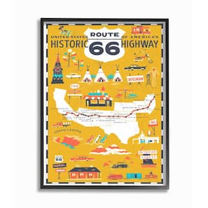 24 in. x 30 in. "US Route 66 Historic Highway Mustard Yellow Illustrated Scenic Map Poster" by Vestiges Framed Wall Art