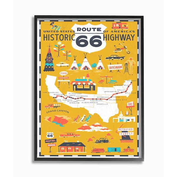 11 in. x 14 in. "US Route 66 Historic Highway Mustard Yellow Illustrated Scenic Map Poster" by Vestiges Framed Wall Art