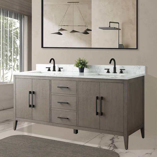 72 in. W. x 22 in. D x 34 in. H Double Sink Bathroom Vanity Cabinet Driftwood Gray with Engineered Marble Top in White