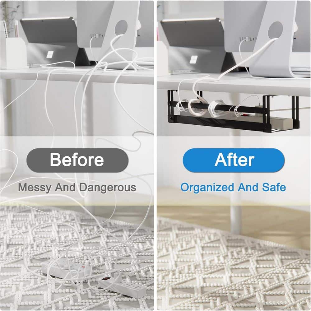 Under Desk Cable Management Tray 2-Pack Self-Adhesive Installation Cord Organizer for Office Home Black - Thumbnail 5