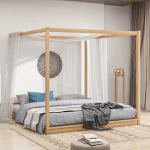 Natural Wood Frame King Size Canopy Platform Bed with Support Legs