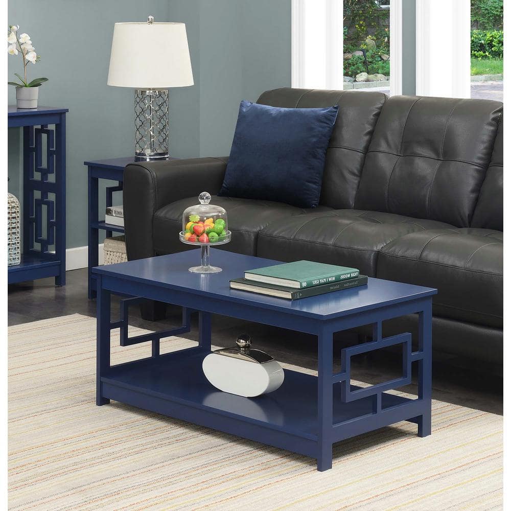 Symmetrical Square Cobalt Blue Wood Coffee Table with Shelf