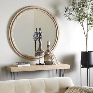 44 in. x 44 in. Distressed Round Framed Brown Wall Mirror with Beaded Detailing
