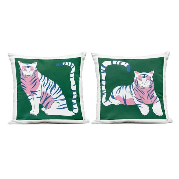 Fierce Lounging Tigers Green Square Outdoor Throw Pillow (Set of 2)