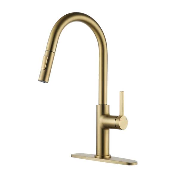 Boyel Living 2-Spray Patterns Single Handle Pull Down Sprayer Kitchen Faucet with Deck Plate and Water Supply Hoses in Brushed Gold