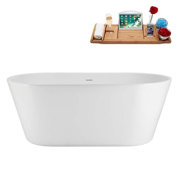 59 in. x 31 in. Acrylic Freestanding Soaking Bathtub in Glossy White with Matte Black Drain