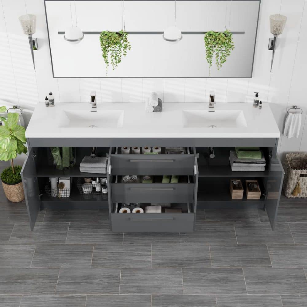 Eviva Lugano 84" Gray Modern Freestanding Double Sink Vanity with Acrylic Top
