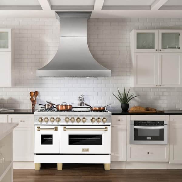 Autograph 48 in. Legacy Dual Fuel Range with 7 Burners and 2 Ovens in Satin Steel with White and Gold Accents