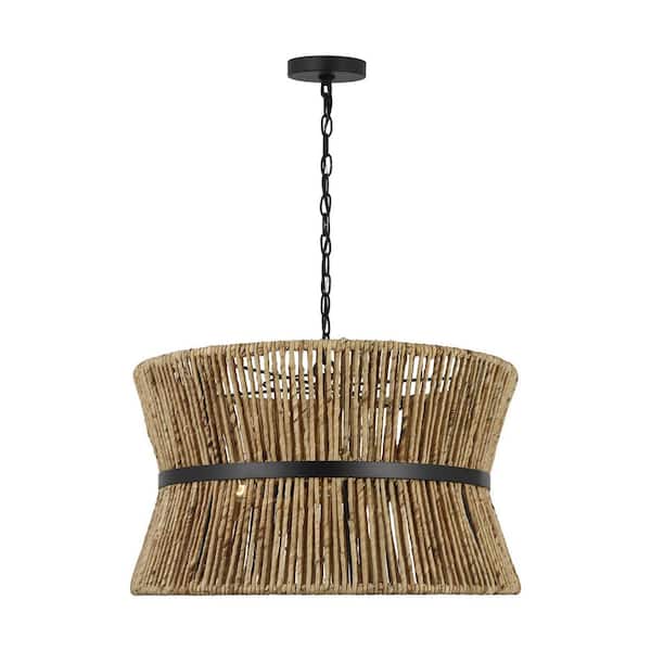 Thurlo 24.25 in. W x 15 in. H 3-Light Midnight Black Transitional Pendant Light with Natural Abaca Rope Steel Shade