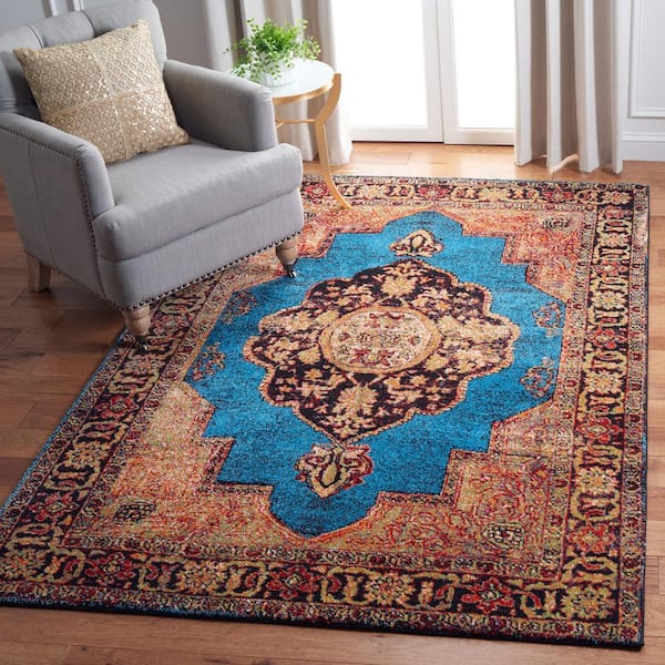 Vintage Hamadan Gold/Light Blue 9 ft. x 12 ft. Border Medallion Area Rug